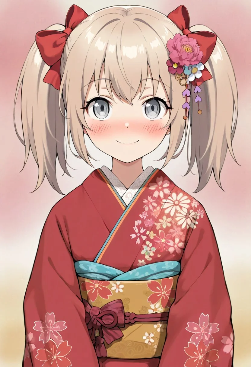 masterpiece,best quality,amazing quality, latina, 1girl, solo, looking at viewer, blush, smile, hair ornament, bow, twintails, closed mouth, upper body, flower, hair bow, japanese clothes, hair flower, kimono, red bow, floral print, red kimono, grey eyes