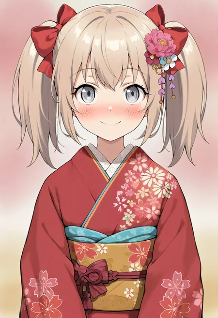 masterpiece,best quality,amazing quality, latina, 1girl, solo, looking at viewer, blush, smile, hair ornament, bow, twintails, closed mouth, upper body, flower, hair bow, japanese clothes, hair flower, kimono, red bow, floral print, red kimono, grey eyes