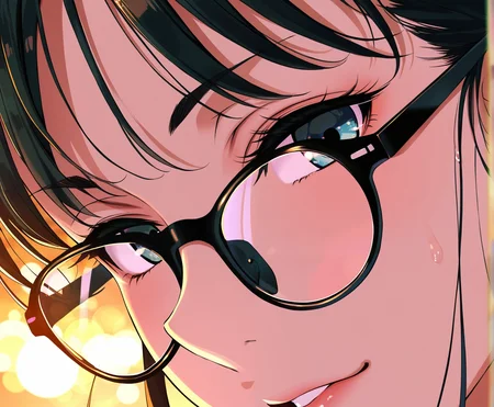 best quality, amazing quality, masterpiece, anime, 1girl, portrait, close-up, stylish glasses, black hair,