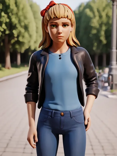 score_9, score_8_up, score_7_up,  score_6_up, BREAK, EliAfton, 1girl, solo, blonde hair, green eyes, hairband, hair bow, blue shirt, black jacket, jeans, leather jacket, in the park, looking at viewer <lora:Elizabeth_Afton:1>