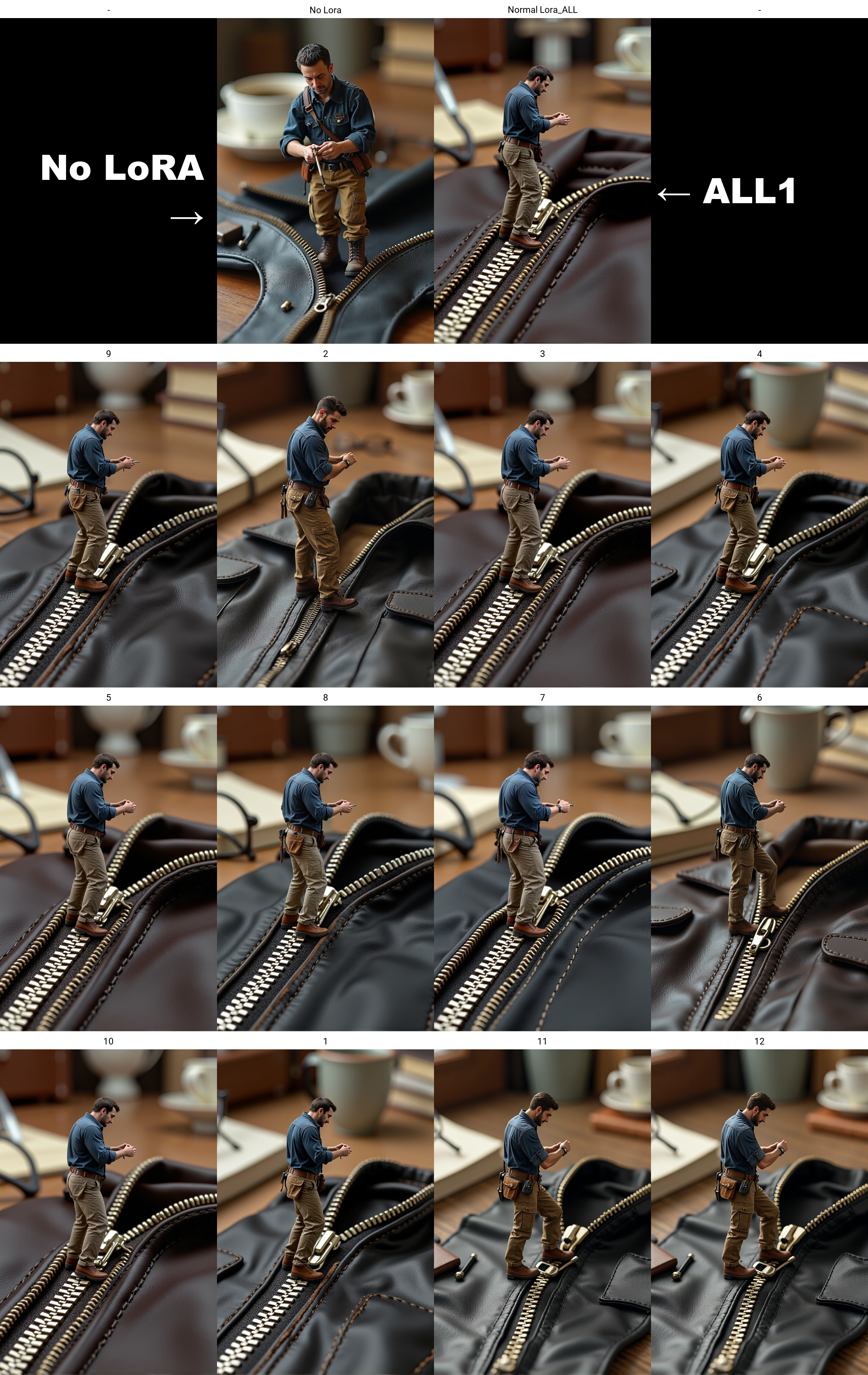 a photo-realistic, whimsical 4K scene of a miniature man repairing a giant zipper on an oversized bag. The man appears completely real and lifelike, with detailed skin textures, natural proportions, and a look of focused determination. He is in his early 30s, with a medium build and neatly combed short dark hair. His face has a light five-o'clock shadow, and his hands show fine details such as faint lines and slightly calloused fingertips from work. He is dressed in a casual yet functional outfit: a snug navy-blue flannel shirt with rolled-up sleeves, revealing muscular forearms; khaki cargo pants with pockets, slightly wrinkled from movement; and sturdy brown work boots, scuffed at the toes. A small utility belt wraps around his waist, holding tiny tools like pliers, a screwdriver, and a wrench.The zipper he is working on is massive, with metal teeth that shimmer under the light. The man stands on one of the teeth, balancing carefully while using a tool to adjust a loose screw on the zipper slider. His posture is steady, one foot planted firmly and the other slightly bent for balance. The oversized bag is made of dark leather, with a rich texture that contrasts beautifully with the metal of the zipper. The background includes everyday objects that emphasize the scale difference: a large coffee cup with a spoon resting inside, a stack of books, and a pair of reading glasses, all slightly blurred to keep the focus on the man. The lighting is soft but directional, highlighting the details of his face, clothing, and tools, while casting natural shadows that enhance the realism of the scene. Every elementâfrom the stitching on the bag to the fabric texture of his flannel shirt adds to the lifelike quality of this miniature yet believable world
