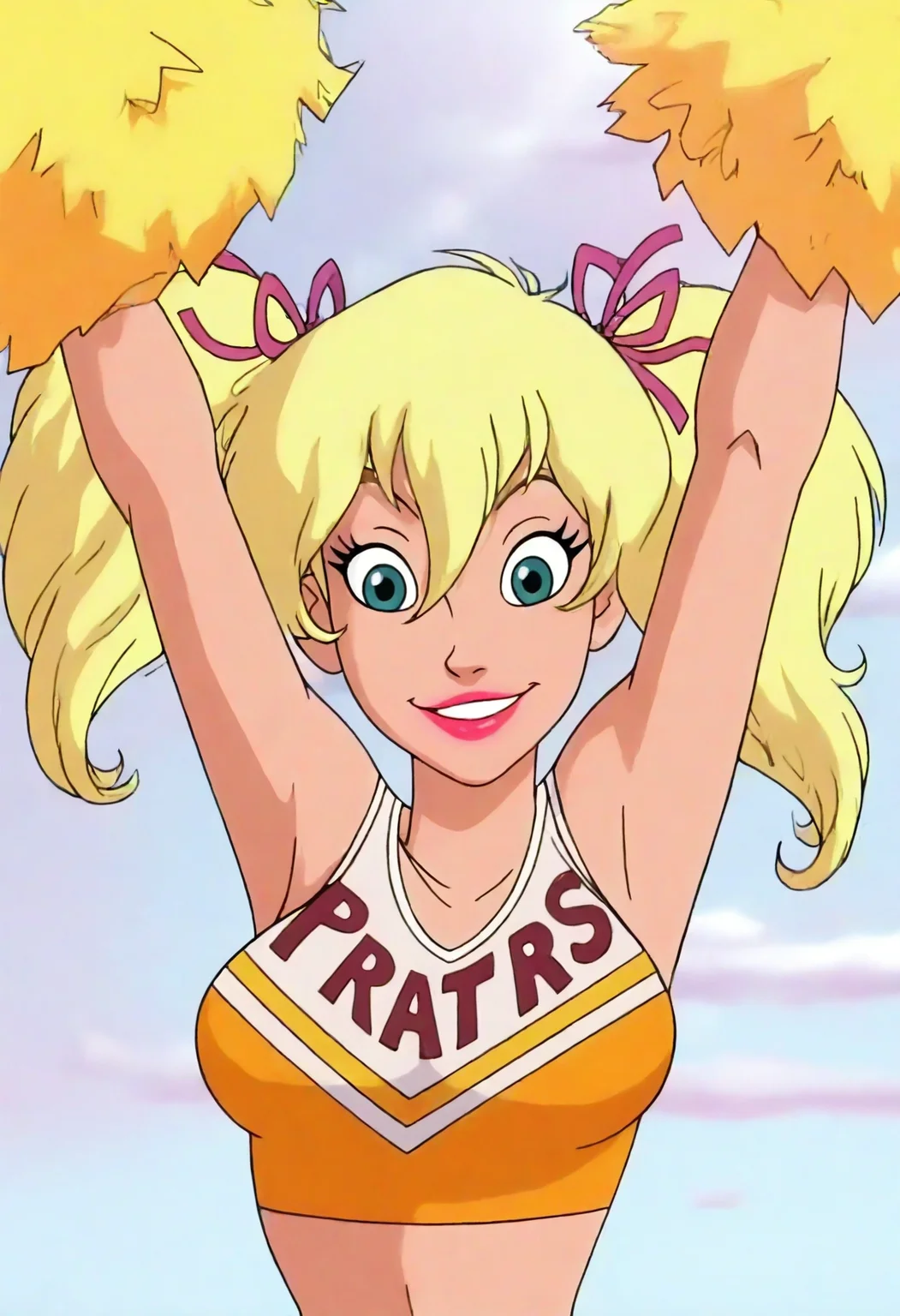 high definition, amazing quality, very aesthetic, best quality, masterpiece, highres, 
<lora:rj_berger_animated_style_NoobAI_v1:1> rj berger animated, 1girl, solo, upper body, looking at viewer, smile, blonde hair, ribbon, twintails, hair ribbon, armpits, arms up, makeup, lipstick, cheerleader, pom pom \(cheerleading\),