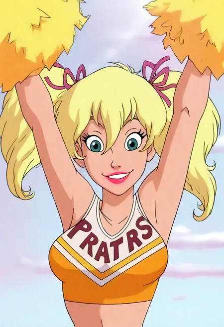 high definition, amazing quality, very aesthetic, best quality, masterpiece, highres, 
<lora:rj_berger_animated_style_NoobAI_v1:1> rj berger animated, 1girl, solo, upper body, looking at viewer, smile, blonde hair, ribbon, twintails, hair ribbon, armpits, arms up, makeup, lipstick, cheerleader, pom pom \(cheerleading\),