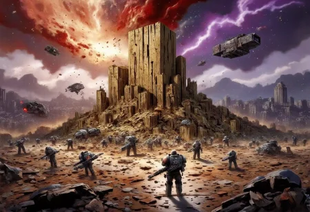 The dramatic moment of the planet Cadia from Warhammer 40,000, a colossal world of towering fortifications and industrial might, shattering into countless jagged pieces as it succumbs to the overwhelming forces of chaos. The once-majestic planet now resembles the iconic Plank from the animated series Ed, Edd, and Eddy, which was also known to have an unpredictable and explosive fate. The remnants of Cadia's cities are scattered across the space debris, their structural integrity compromised, as if they were merely cardboard creations in the hands of cosmic vandals. The vibrant colors of the planet's atmosphere have been replaced by a swirling maelstrom of dark purples and reds, reminiscent of the chaotic universe that has claimed it. Amidst the cosmic wreckage, the silhouettes of valiant space marines can be seen fighting against the relentless tide of enemy forces, a testament to the fierce defense that was once mounted on the planet's surface. In the background, the ominous forms of Warp-tainted vessels loom, their twisted silhouettes punching through the remnants of Cadia's shattered skyline. The stark contrast between the grim futuristic battle and the playful, cartoonish aesthetic of the Plank is a jarring yet poignant reminder of the fragility of existence, even in the most steadfast bastions of humanity's hope.