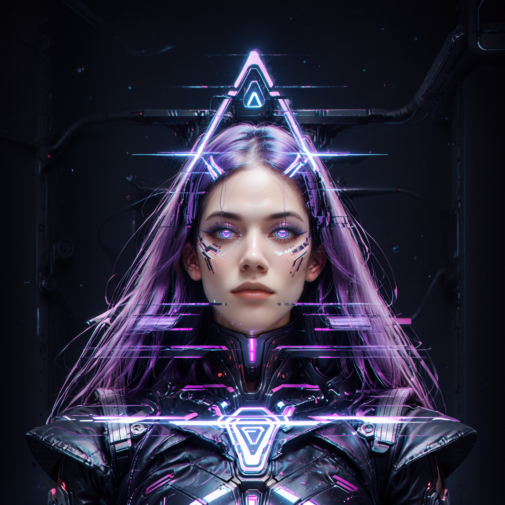 score_9,score_8_up,score_7_up, glitch, d1splaygl1tchl1nes, a glowing (triangle:1.2), (minamoto no raikou \(fate\):0.9), cyborg, mecha, breasts, contrapposto, shiny, glamour, makeup, glossy, glowing eyes, anamorphic, science fiction, geometric, cyberpunk style  <lora:Glitch:0.7>  <lora:Display_Glitch_Lines_Effect_PONY_XL_by_UOC:0.7> <lora:futuristic_Concept:0.2> <lora:Cyberpunk_Style:0.2> <lora:TransHumanizm_Concept_PONY_XL_by_UOC:0.4>, (black background:0.8), particles, dust, lines,mature,long hair, purple hair