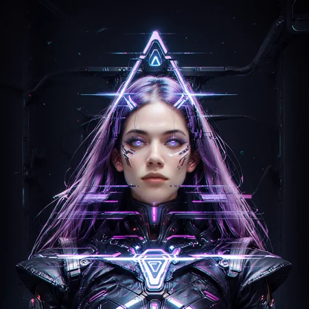 score_9,score_8_up,score_7_up, glitch, d1splaygl1tchl1nes, a glowing (triangle:1.2), (minamoto no raikou \(fate\):0.9), cyborg, mecha, breasts, contrapposto, shiny, glamour, makeup, glossy, glowing eyes, anamorphic, science fiction, geometric, cyberpunk style <lora:Glitch:0.7> <lora:Display_Glitch_Lines_Effect_PONY_XL_by_UOC:0.7> <lora:futuristic_Concept:0.2> <lora:Cyberpunk_Style:0.2> <lora:TransHumanizm_Concept_PONY_XL_by_UOC:0.4>, (black background:0.8), particles, dust, lines,mature,long hair, purple hair