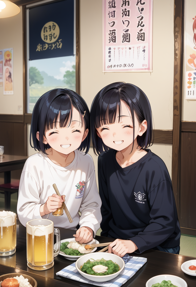 score_9, score_8_up, score_7_up, rating_safe, masterpiece, best quality, absurdres, unity 8k wallpaper, official art, official style, source_anime, game cg, megami magazine,
murayakuba, izakaya, black hair, multiple girls, shirt, cup, holding, beer mug, black shirt, chopsticks, bowl, closed eyes, indoors, table, food, short hair, sitting, smile, white shirt, jacket, long sleeves, poster (object)
 <lora:murayakuba_pony_V1:1>