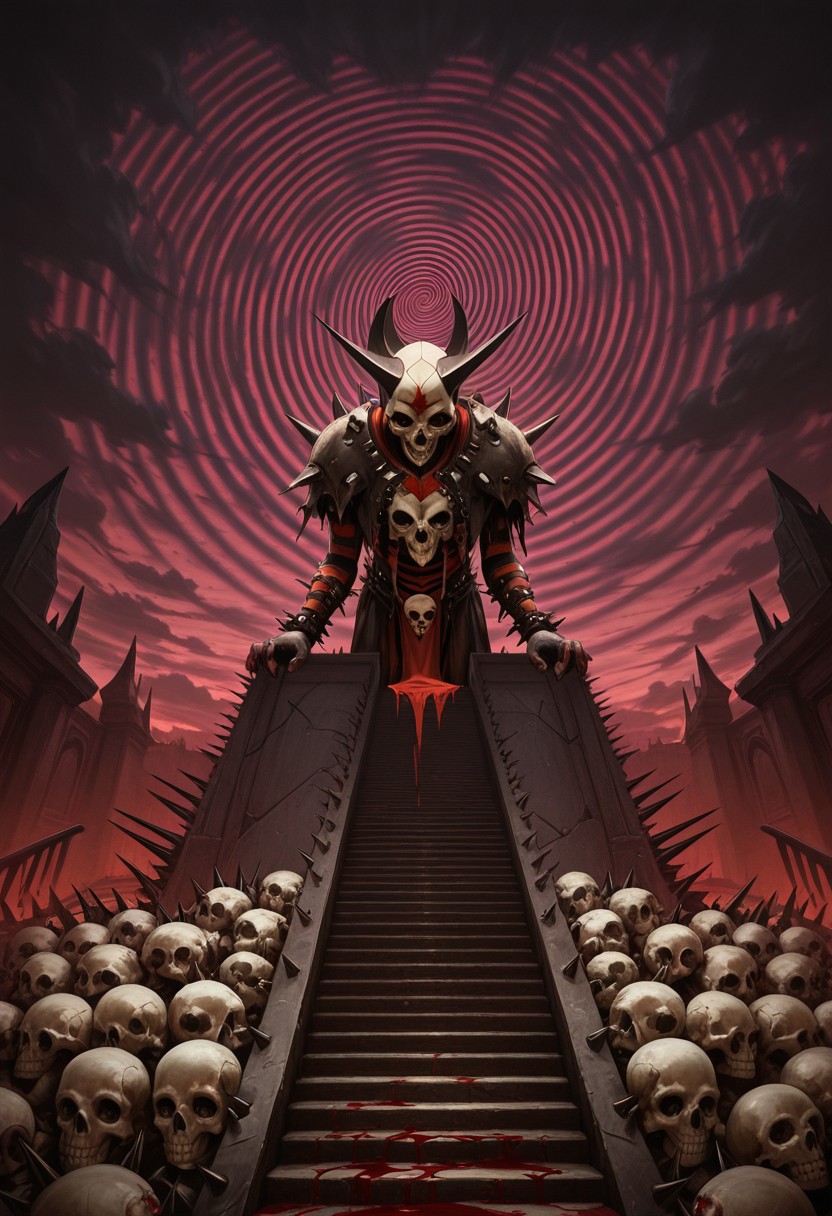 AMAZING QUALITY, MASTERPIECE, CARNEVIL, BLOOD, SKULLS, DARK CLOUDS, STAIRS, SPIKES, SPIRAL SKY, RD EYES,