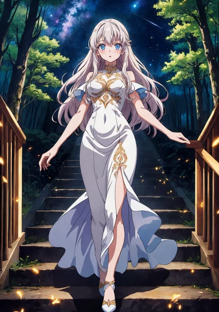 anime screencap, ultra high quality, girl, standing on stairs, dynamic pose, long flowing white hair, detailed face, expressive eyes, dark dress, night forest, starry sky with Milky Way, glowing fireflies, soft moonlight filtering through trees, ethereal glow, perfect anatomy, meticulously detailed hands, vibrant colors
<lora:add_detail:0.4> <lora:backlight_slider_v10:-1.3>