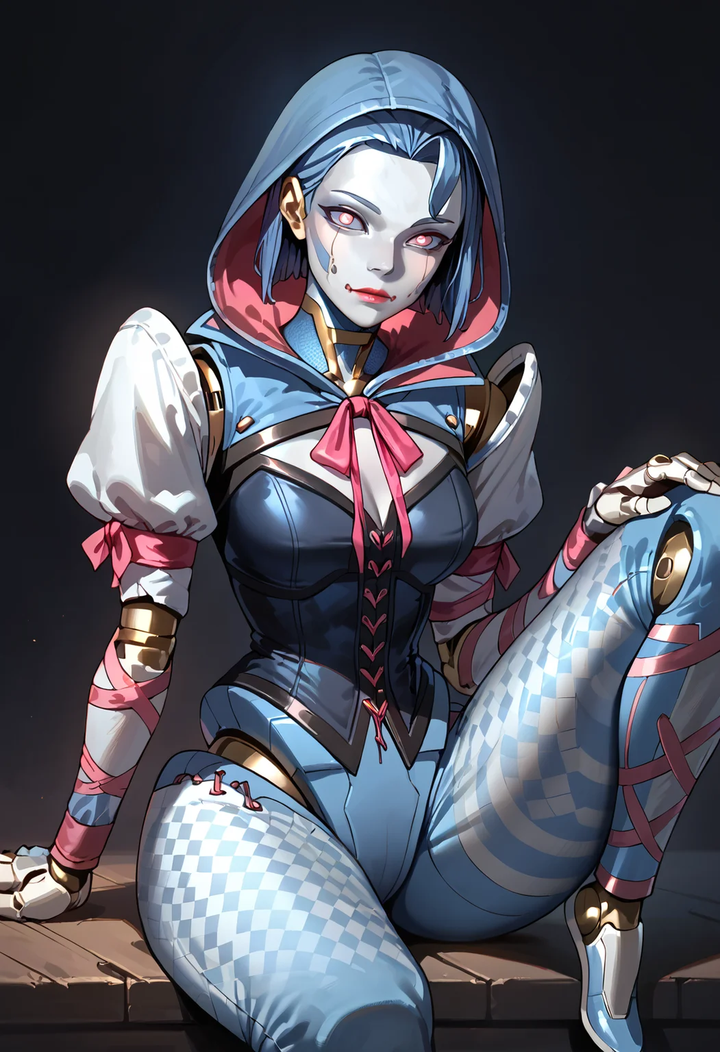 (embedding:Pony_PDXL_Negative_Embeddings\zPDXL2),dark background,d0llf4ce,solo,robot,joints,hood,android,metal skin,mechanical legs,argyle pants,puffy sleeves,blue skin,grey skin,pink ribbon,blue sclera,medium breasts,pink eyes,humanoid robot,corset,looking at viewer,sitting,blue hair,short hair,<lora:MyTrainings\Temp\Apex\Ash_Dollface_Pony_ARZUMATA.safetensors:0.7>