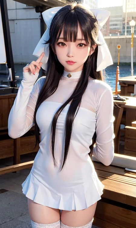 (8k, RAW photo, best quality, masterpiece:1.2), (realistic, photo-realistic:1.5),omertosa,(((1girl))),(Kpop idol), (aegyo sal:1),cityscape background, dailight,sunlight, professional lighting, photon mapping, radiosity, physically-based rendering,(comic market background:1.2), seashore background, sandy beach,crowd of people,<lora:koreanDollLikeness_v10:0.5> <lora:takaoAzurLaneFull_takao7682:0.7>,White military uniform, white miniskirt, long sleeves, gold buttons, gold armbands, gold collar, black hair, black ponytail with white ribbon, Azur Lane, Takao