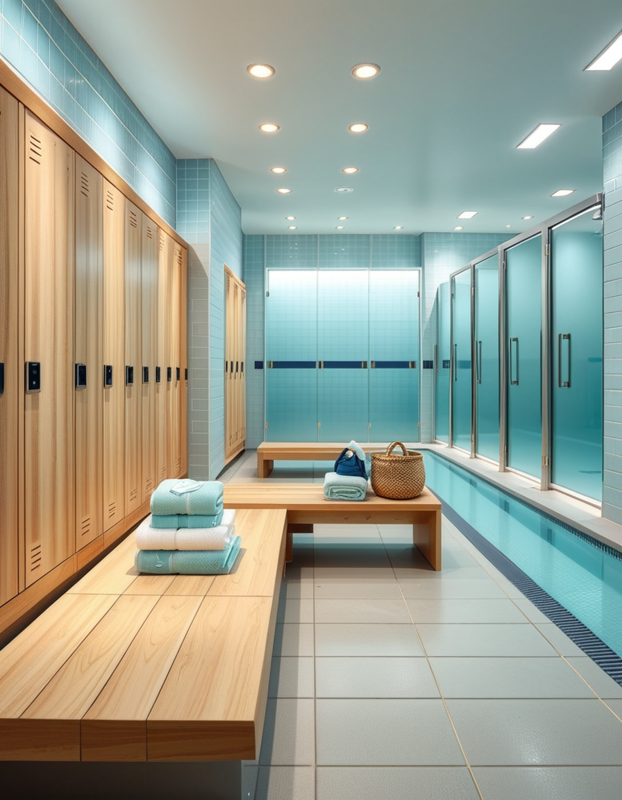 A realistic photograph of a modern swimming pool changing room, featuring clean, sleek design with white tiled walls and light blue accents. Rows of wooden benches with metal frames are neatly aligned in the center of the room. On the sides, there are individual lockers with glossy pastel-colored doors (light blue, mint green, and pale yellow), each with small number labels. Hooks are mounted on the walls, some holding neatly folded towels. The floor is made of non-slip gray tiles, slightly wet, reflecting the soft overhead LED lighting. The atmosphere is fresh and inviting, with a subtle fog from the pool area beyond a frosted glass door at the back. To the left side of the room, a large mirror spans the wall above a counter with built-in sinks, chrome faucets, and a few small bottles of hand soap. A subtle reflection of the interior is visible in the mirror. No people are present in the room. The lighting is bright but natural, as if itâs daytime with soft sunlight filtering through small high windows. The mood is calm, clean, and welcoming, captured with a high-resolution camera in photorealistic style. 
<lora:SDXLFaeTastic2400:0.4> <lora:extremely_detailed:0.4> extremely detailed,<lora:swimming_pool_ch4ng1ng_r00m:1>,swimming pool ch4ng1ng r00m, Masterpiece,best quality,hi res,8k,hi res,8k,award winning,(sharp focus, intricate, highly detailed),