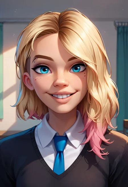 score_9,score_8_up,core_7_up, <lora:gwen_stacy_pdxl_v1_goofy:1>gwen stacy, 1girl, solo, necktie, looking at viewer, shirt,black sweater, parted lips, collared shirt, upper body,  white shirt, blue necktie, smile, indoors, lips, freckles, teeth