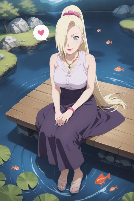 score 9, score 8 up, score 7 rating_safe, high res image, masterpiece, best quality, source anime, intricate details, anime screencap, official style, solo, 1girl, ino yamanaka, wedding outfit, ponytail, hair flower, smile, spoken heart, heart, hair over one eye, lipstick, pink shirt, purple apron skirt, emerald necklace, purple bracelet, barefoot, feet, refraction, outdoors, water fall, lake, shirt tucked in, sitting, sat on wood dock, looking down, koi fish, submerged feet, from above, full body, candid shot, <lora:ino_yamanaka_pony:1>,