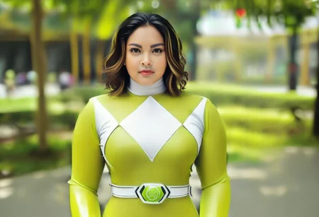yellow power ranger Grachie, short brunette wavy hair, helmetless, uniform, yellow catsuit, white collar, serious facial expression, standing square-on, in urban park, arms slightly-outstretched, close-up