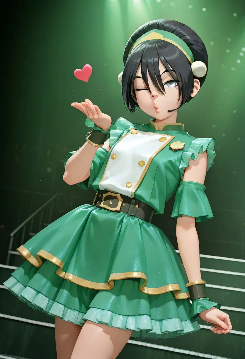 masterpiece, best quality, newest, 1girl, solo, toph bei fong, toph beifong, black hair, short hair, hair between eyes, grey eyes, hair bun, blind, green shirt, belt, short sleeves, standing, idol, idol outfit, japanese-idol-outfit, glittering-idol-outfit, clothed, frilled dress, idol stage, on stage, concert, headset, fake animal ears, looking at viewer, blowing kiss, pucked lips, heart, one eye closed, o3o, looking at viewer, hand up, cowboy shot, dutch angle, cowboy shot, detached sleeves