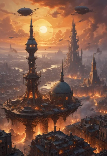 Arial, downward angled, expansive photograph, ((colossal flying city in the sky is hovering ahead at a distance), in a (dramatic sky streaked with orange and hues of a setting sun), (the flying city, is supported by massive, churning propellers and jet engines spewing thick black smoke)),
((The flying city's cityscape is a labyrinth of metal and rivets, with jagged spires and towers bristling with antennas, pipes, radar dishes, suspended walkways and bridges connect various parts of the city, rust-streaked fuel tanks and oil drums are bolted onto buildings, connected by thick tubes), (buildings vary from gothic cathedrals with stained glass windows to utilitarian factories with soot-stained chimneys)),
<<BREAK>>
((A cluster of zeppelins and airships hovers near the flying city, docked to gantries, below, a massive rotating turbine creates a shimmering heat haze, adding to the city's fortress-like presence),
((The industrial aesthetic, scene is illuminated by the warm glow of incandescent lamps and occasional sparks from welding torches, highlighting the contrast between the mechanical and the signs of human life))