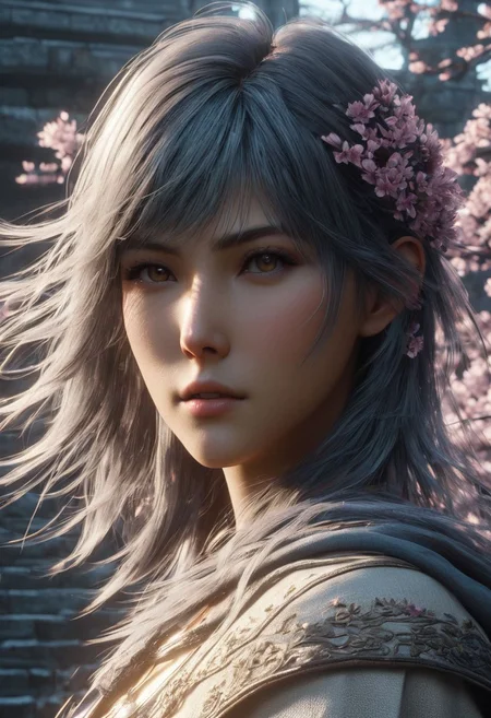 Graphics Unreal Engine 5, 3D Modeling, UV Mapping, Texture, Rendering, Graphics quality ray tracing, Particle System, 3D Manufacturing Formats, Cartesian Coordinate, Acrylonitrile Butadiene Styrene, ghostblade WLOP art style, Final Fantasy XVI collaboration 5 Centimeters per Second , fullbody a Character woman,scene 5 Centimeters per Second, platinum, ultra hdr, ghostly beauty, windy, raw photo, lighting, intricately detailed, digital art, ride the beast, high detail, 4k resolution, a dramatic view , dynamic motion blurlens flares, more dramatic lighting, deeper and more contrasted shadows, a colder color grading, more Cherry blossom petals