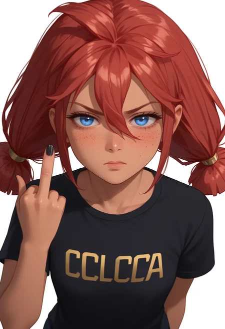 score_9, score_8_up, score_7_up,
best quality, masterpiece, ultra detailed,
<lora:Expressive_H:1>, expressiveh, 
looking at viewer, from above, 
<lora:Everlasting_Summer_Ulyana_by_GraffMetal:1>, ulyana, red hair, twintails, hair between eyes, blue eyes, face freckles, body freckles, dark skin,
annoyed face, side from, black t-shirt, middle finger, black nails, tshirt only black color without text and logo, 
amazing background, simple background, white background,