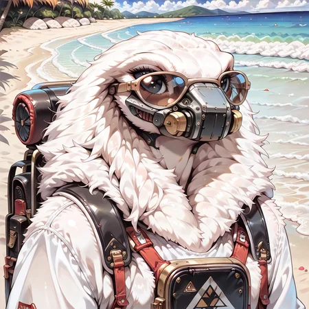 , ,masterpiece, 2d, very detailed, (best quality:1.4), amazing quality, very aesthetic, alien, MoroffSW, solo,relaxing, wearing sunglasses, at a beach, tech backpack, white fur, fluffy body, fluffy, facemask, black eyes, no ears ,