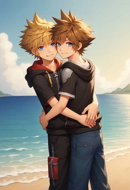 score_9, score_8_up, source_anime, highly detailed, 2boys,
sora, spiked hair, male focus, 1boy, brown hair, blue eyes, zipper, hoodie, BREAK
roxas, 1boy, zipper, male focus, spiked hair, blue eyes, blonde hair, pants, short sleeves, zipper pull tab,
indoor, outdoor, beach, bare foot, hug, smile, foot in water, stand,