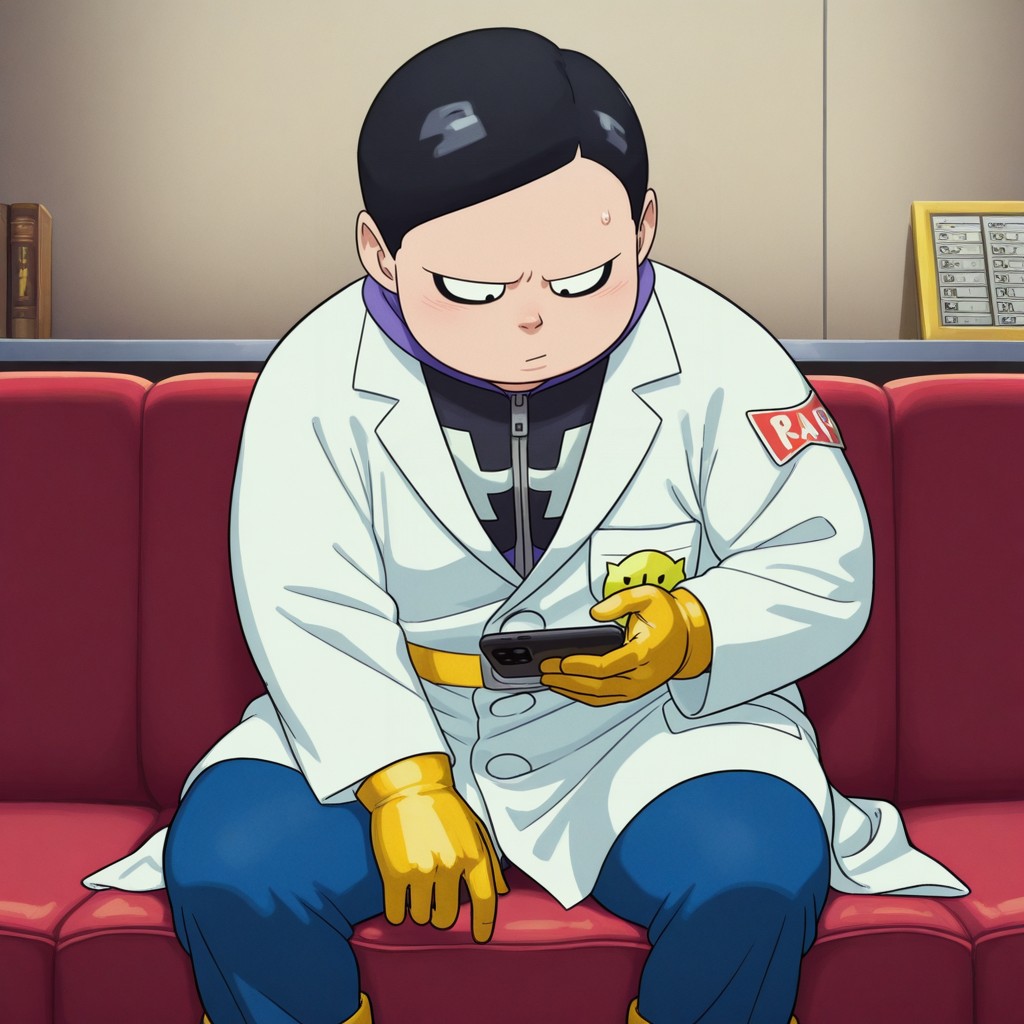 masterpiece, best quality, amazing quality, drhedo, 1boy, male, solo, human, short hair, black hair, black eyes, black eyeliner, short, chubby, purple and black costume, zipper, yellow gloves, yellow belt, yellow boots, white lab coat, blue pants, sitting down, on couch, leaned forward, using iPhone, indoors, fancy room, low angle