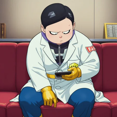 masterpiece, best quality, amazing quality, drhedo, 1boy, male, solo, human, short hair, black hair, black eyes, black eyeliner, short, chubby, purple and black costume, zipper, yellow gloves, yellow belt, yellow boots, white lab coat, blue pants, sitting down, on couch, leaned forward, using iPhone, indoors, fancy room, low angle