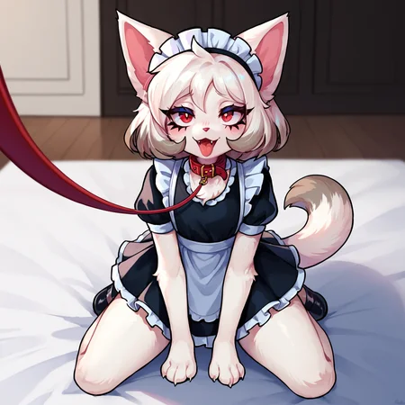 <lora:Robonya-PONY:0.8> robonya, furry, white body, red eyes, female, on knees, legs apart, looking up at viewer, collar, leash, maid outfit, open mouth, tongue out, narrowed eyes, cute fang, score_9, score_8_up