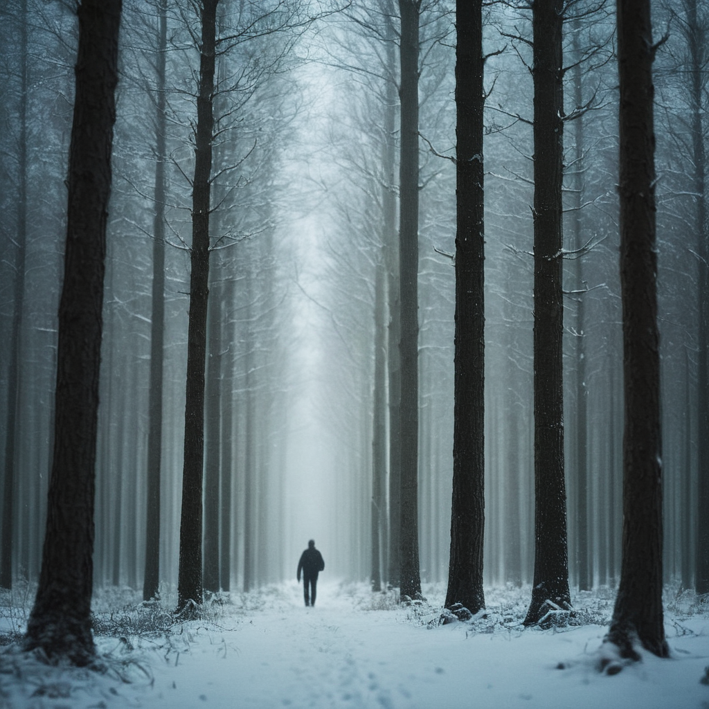 cinematic film still of  <lora:Juxtaposition style:1>
Juxtaposition of a forest with a few trees and a person walking in the distance,outdoors,blurry,tree,no humans,night,depth of field,nature,scenery,snow,forest,blurry foreground,snowing,winter,bare tree Juxtaposition, artistic, photography, dramatic light, dramatic shadow light, contrast, saturated color, cinematic, filmic, photographic, realistic, realism, perfection, perfect, Juxtaposed, opposite, different things, side by side, syncretism, antithesis, Juxtaposition style, shallow depth of field, vignette, highly detailed, high budget, bokeh, cinemascope, moody, epic, gorgeous, film grain, grainy