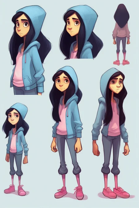 <lora:Character Design:1>Character Design - children's book-illustration style character sheet illustrations of a of a 14 year old girl with long black hair, wearing a blue hoodie, light-blue pants with pink shoes, hannah barbera style. The character is a The illustrations should be simple, cute, and in full color with a flat color style. he character should be depicted from different angles on a white background no outline