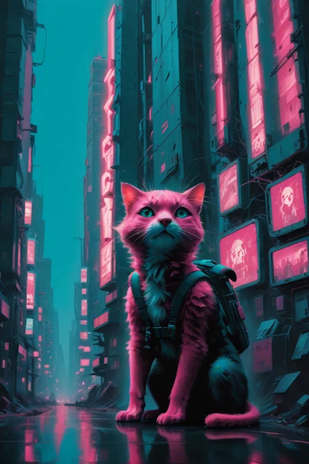 cyberpunk city,small backpack, cat,
no human beings, no humans,
glowing, el3ctr1c,pink and aqua theme,
<lora:sdxl_lightning_8step_lora:1>,
hyper-Detailed, masterpiece, best Quality,film Grain,
score_9, score_8_up, score_7_up,
<lora:electric_flamingo:0.8>
