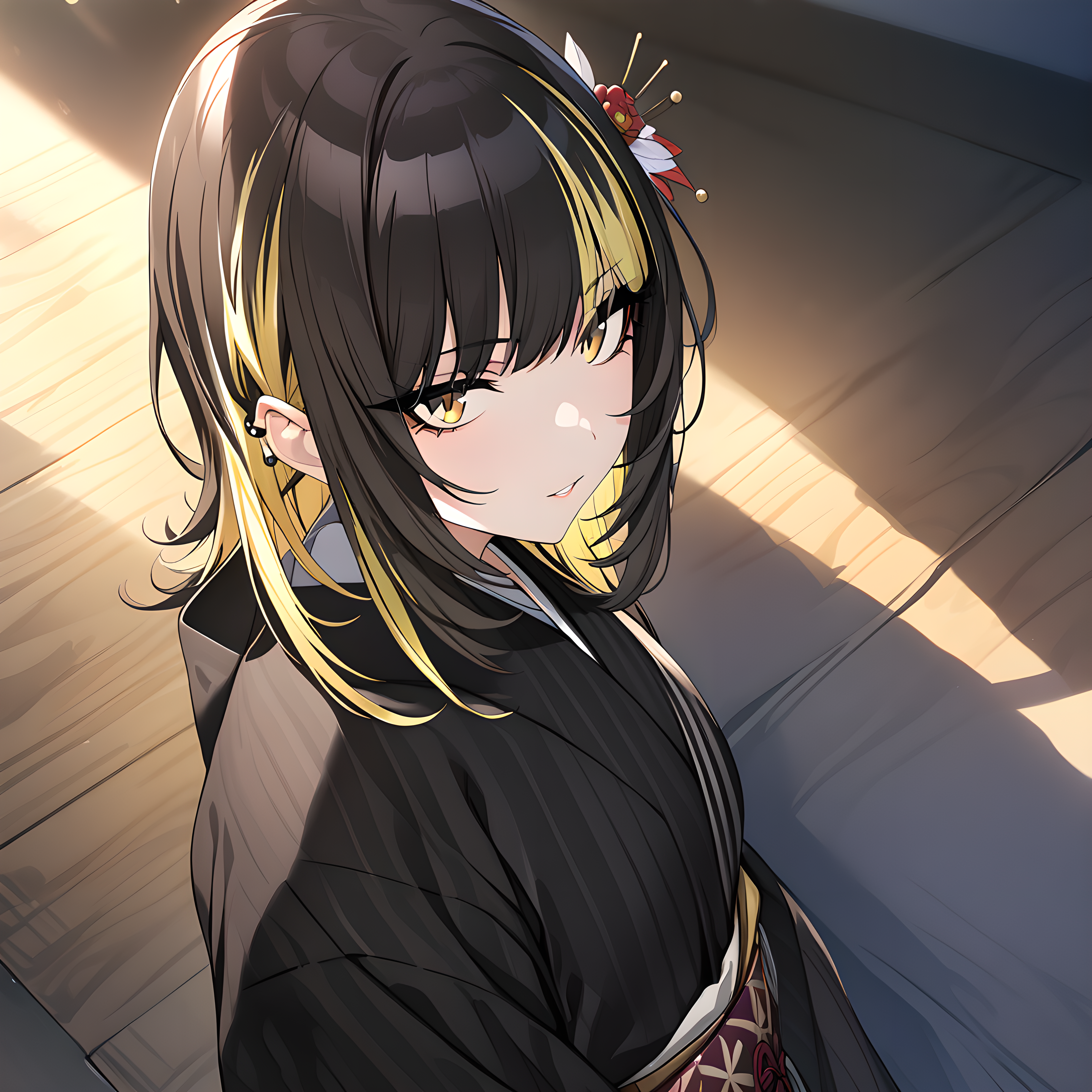 (masterpiece),(best quality),(ultra-detailed),(best illustration),(best shadow),(absurdres),(detailed background),(very aesthetic)luca ikaruga, 1girl, solo, japanese clothes, yellow eyes, kimono, black hair, blonde hair, multicolored hair, hair ornament, black kimono <lora:Luca_Ikaruga__æé³©ã«ã«_-_The_Idolmster_Shiny_Colors__ã¢ã¤ãã«ãã¹ã¿ã¼_ã·ã£ã¤ãã¼ã«ã©ã¼ãº_SDXL_-_Animagine_XL_3.1:1>