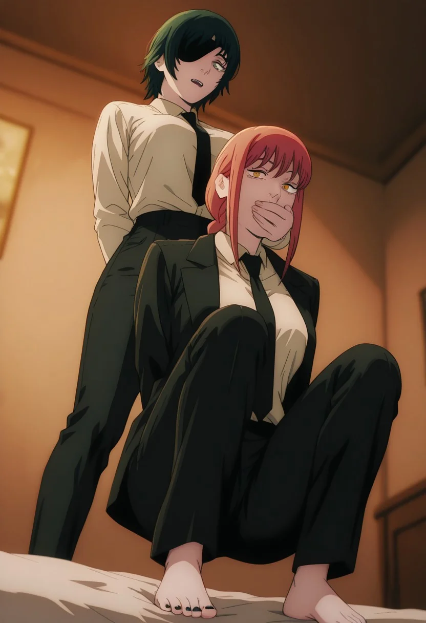 (masterpiece, best quality:1.2), (finely detailed beautiful eyes:1.2), (highly detailed beautiful face), (2 girls), (two-person portrait), (girls standing in a row), (handgag female), (makima:1.2, mature female, red hair, medium hair, braided ponytail, braid, sidelocks, bangs, orange eyes, ringed eyes, medium breasts, necktie, black necktie, formal, suit, shirt, collared shirt, white shirt, pants, sitting on the bed, barefoot, black toenails, yuri vibe, reach-around pose, covering another's mouth, expressive face), (himeno (chainsaw man), mature female, short hair, green hair, blue eyes, good eyes, medium breasts, eyepatch, white t-shirt, black short, barefoot, sitting on her knees on the bed, arms loosely behind back), (cinematic lighting, dynamic shading, soft highlights, intricate environment details), (low angle, dramatic atmosphere, shallow depth of field).