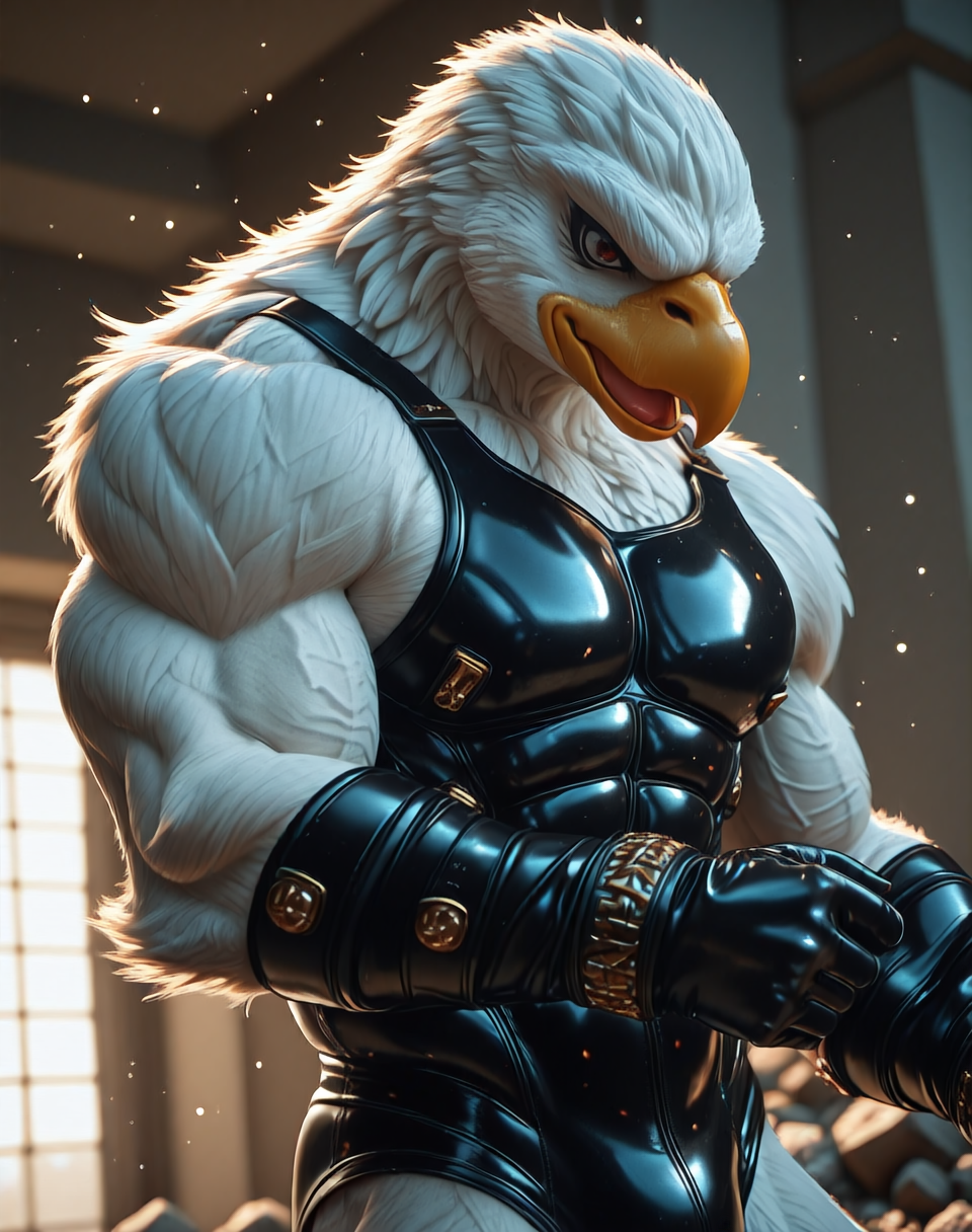 8K, In'ei, chiaroscuro, masterpiece, beautiful, sharp focus, crisp details, photographic realism, gradient coloring, 8K CGI render, hyper realism, intricate details, 
<lora:Adlerian_(Illustrious)_(AD):0.85> Adlerian, eagle, Adleria, muscular,
exterior, dutch angle, dynamic action, cowboy shot, bent knee, city skyline, rubble, destroyed hero base, sky with clouds, dark picture,
male focus, leather armored, warrior, metallic latex leather chest armor with ab lines, metallic latex leather cuffed gloves, metallic latex leather cuffed boots, voluminous cape, bare thighs, biceps, shoulders, beak,
supervillain, supervillain suit, chest armor, virtuoso fighter, despite being a villain he has a large number of fans, women fawn over him finding the villain sexy, the villains raw strength and manliness is an inspiration for many to become villains, he represents the strength and ideals of a supervillain, feathered head, beak, he is mocking the heroes for their weakness,
EZRealPONYXL, zPDXL, Smooth Quality, lazynsfw,