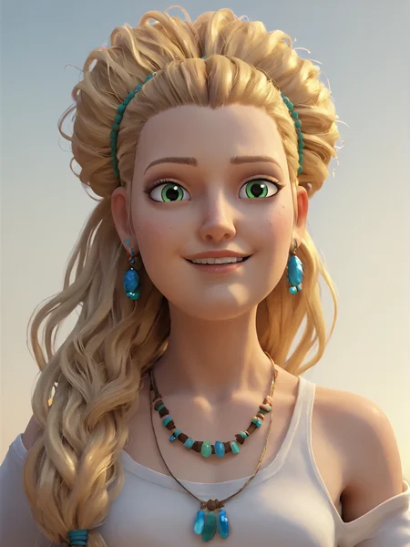 score_9, score_8_up, score_7_up,  score_6_up, BREAK, Goldilocks, green eyes, blonde hair, long hair, earrings, clodes mouth, smile, necklace, <lora:Goldilocks:0.7>