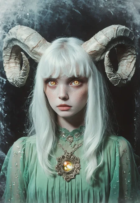 score_9, score_8_up, score_7_up, beautyfull color, aesthetic, colourful, ArsMovieStill, movie still from a 1970s horror movie, 1girl, solo, twisted ram's horns, freckles, white hair, long bangs, golden eyes, vertical pupils, pale skin, green dress, BREAK medium shot, detailed background