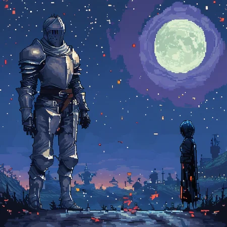 Pixel Art , fewP, Knight, night, dark fantasy background, 8bit, pixelated, one man, <lora:ArsMJStylePony_-_Pixel_Art-000004:1>
