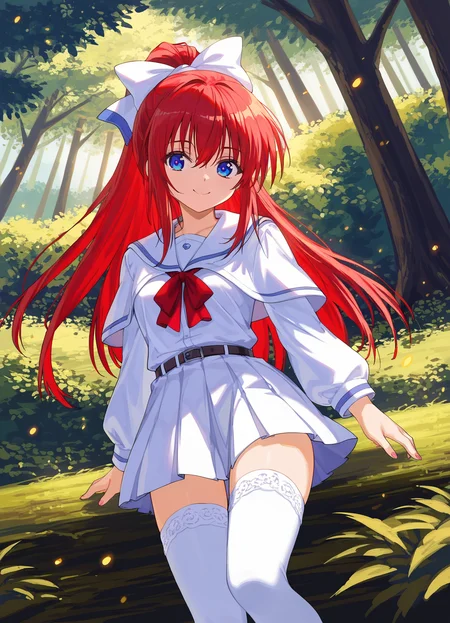 score_9, score_8_up, score_7_up, masterpiece, best quality, absurdres, official art, official style, anime screencap, megami magazine, zPDXL2, zPDXLxxx, <lora:Shiratori Mikoto (In'youchuu Chiroku ver) Pony v1_epoch_10:0.7>, 1girl, solo focus, shiratori_mikoto, large breasts, BREAK, (blue eyes:1.1), BREAK, red hair, long hair, ponytail, sidelocks, bangs, BREAK, hair ribbon, white ribbon with blueline, BREAK, school uniform, capelet, white jacket with black sideline, BREAK, red ribbon, BREAK, white skirt with black lining, pleated skirt, sawtooth hem, BREAK, (white thighhighs:1.2), BREAK, <lora:neg4all_bdsqlsz_xl_V91:1.0> <lora:ALTXL_pony_0061_8:2.0>, <lora:detailed_hands-000002:1>, hand outdoors, national parks, grasslands, tree, standing, dim lighting, light particles, closed eyes, smile, looking at viewer, A girl standing under a large tree in a park during the early morning, with sunlight from the sunrise streaming through the branches. She has one hand resting on the tree trunk, casting long shadows across the park. The scene captures the serene, fresh atmosphere of the early morning with golden light illuminating the girl's silhouette and creating a peaceful, contemplative mood.