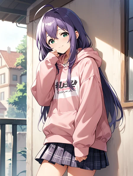 score_9,score_8_up,score_7_up,
official art,official style,game cg,megami magazine,
uncensored,
1girl,solo,
mochizuki anna,purple hair,green eyes,ahoge,long hair,
pink hoodie,skirt,hoodie,skirt,
<lora:idolmaster_mochizuki_anna_pony_v1.1-000006:1>,