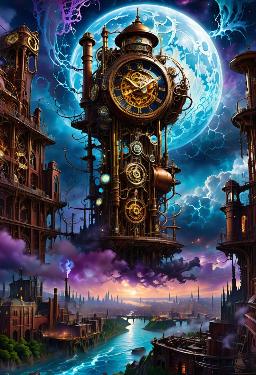 Illustrate a mesmerizing steampunk landscape with intricate clockwork elements set against a backdrop of a striking blue moon and dark, ominous skies. The scene unfolds in a sprawling, industrial cityscape adorned with towering clock towers, elaborate gears, and intricate brass piping that weaves through the architecture like veins of a metallic organism. Steam billows from towering smokestacks, adding a sense of motion and life to the mechanical metropolis. The blue moon hangs low in the sky, casting an eerie, ethereal glow over the city, its cool light reflecting off the polished surfaces of the clockwork machinery. The sky above is a tapestry of swirling storm clouds, tinged with hints of electric blue and violet, crackling with latent energy. The air is heavy with the scent of oil and metal, punctuated by the rhythmic clanking and whirring of the clockwork mechanisms that power the city's heart. The landscape is a harmonious blend of industrial grit and steampunk elegance, where the line between man and machine blurs into a seamless fusion of artistry and engineering.