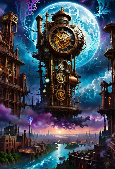Illustrate a mesmerizing steampunk landscape with intricate clockwork elements set against a backdrop of a striking blue moon and dark, ominous skies. The scene unfolds in a sprawling, industrial cityscape adorned with towering clock towers, elaborate gears, and intricate brass piping that weaves through the architecture like veins of a metallic organism. Steam billows from towering smokestacks, adding a sense of motion and life to the mechanical metropolis. The blue moon hangs low in the sky, casting an eerie, ethereal glow over the city, its cool light reflecting off the polished surfaces of the clockwork machinery. The sky above is a tapestry of swirling storm clouds, tinged with hints of electric blue and violet, crackling with latent energy. The air is heavy with the scent of oil and metal, punctuated by the rhythmic clanking and whirring of the clockwork mechanisms that power the city's heart. The landscape is a harmonious blend of industrial grit and steampunk elegance, where the line between man and machine blurs into a seamless fusion of artistry and engineering.
