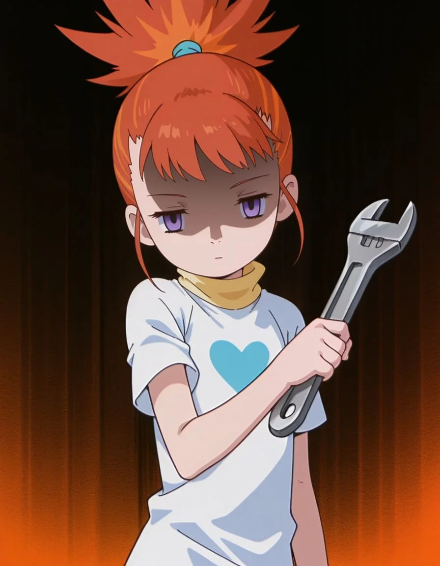 masterpiece, best quality, incoming attack, holding a wrench, solo,
, skinny, shaded face, empty eyes, expressionless,
<lora:Mind_Controlled_Rika:1>, rik0, 1girl, orange hair, high ponytail, female child, purple eyes, white heart t-shirt, yellow turtleneck,