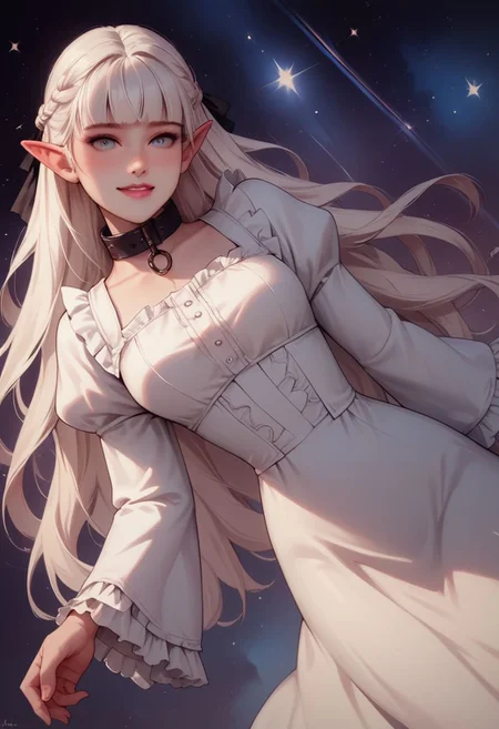 score_9, score_8_up, score_7_up,   
nephiliaxl, pointy ears, blue eyes, long hair, white dress, white hair, elf, long sleeves, collar, frills, blunt bangs, braid, very long hair, wide sleeves, hair ribbon, juliet sleeves, frilled dress, (((pinup pose))), full body, focus on face, looking at viewer, shy smile, curious eyes, view from behind, head turned,
cosmic background, castle in background,
score_9,score_8_up,score_7_up,very aesthetic , rating_explicit, (masterpiece:1.4), (best quality), (colorful), (detailed) dramatic angle, unique perspective, unique angle, ((comic book angle and perspective)), ((wide shot)), multiple frames