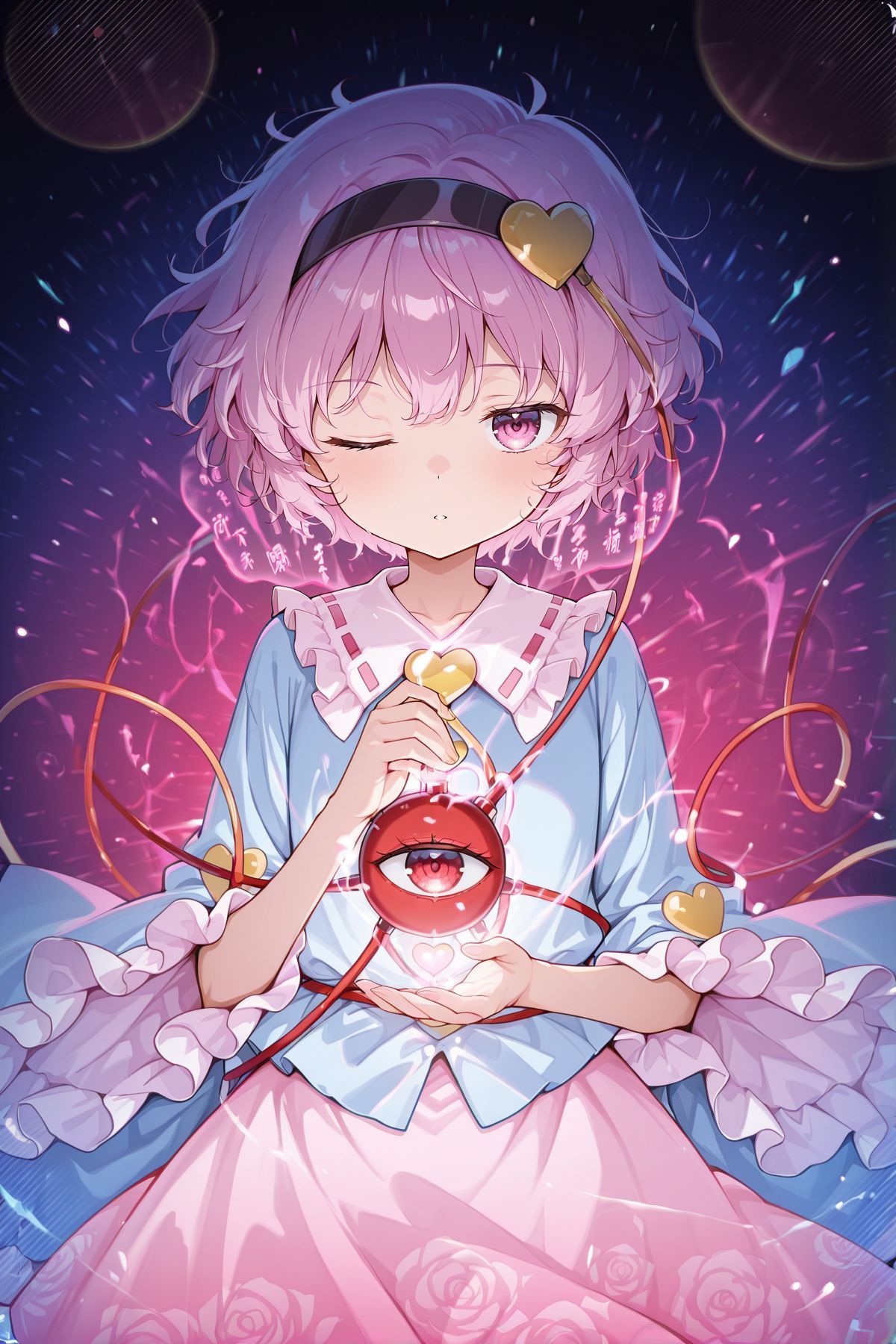 absurdres, highres, masterpiece, best quality, amazing quality, official anime artwork, screencap, anime screencap, looking at viewer, dynamic pose, one eye closed, 
 <lora:Komeiji-Satori_IllustriousV2:1> komeiji satori, 1girl, solo, pink eyes, pink hair, short hair, third eye,, black hairband, heart hair ornament, blue shirt, long sleeves, frilled sleeves, wide sleeves, heart button, yellow buttons, pink skirt, frilled skirt,