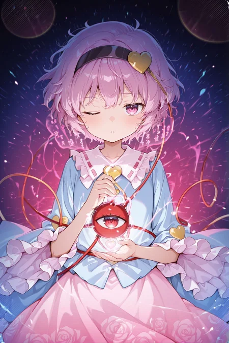 absurdres, highres, masterpiece, best quality, amazing quality, official anime artwork, screencap, anime screencap, looking at viewer, dynamic pose, one eye closed,
<lora:Komeiji-Satori_IllustriousV2:1> komeiji satori, 1girl, solo, pink eyes, pink hair, short hair, third eye,, black hairband, heart hair ornament, blue shirt, long sleeves, frilled sleeves, wide sleeves, heart button, yellow buttons, pink skirt, frilled skirt,