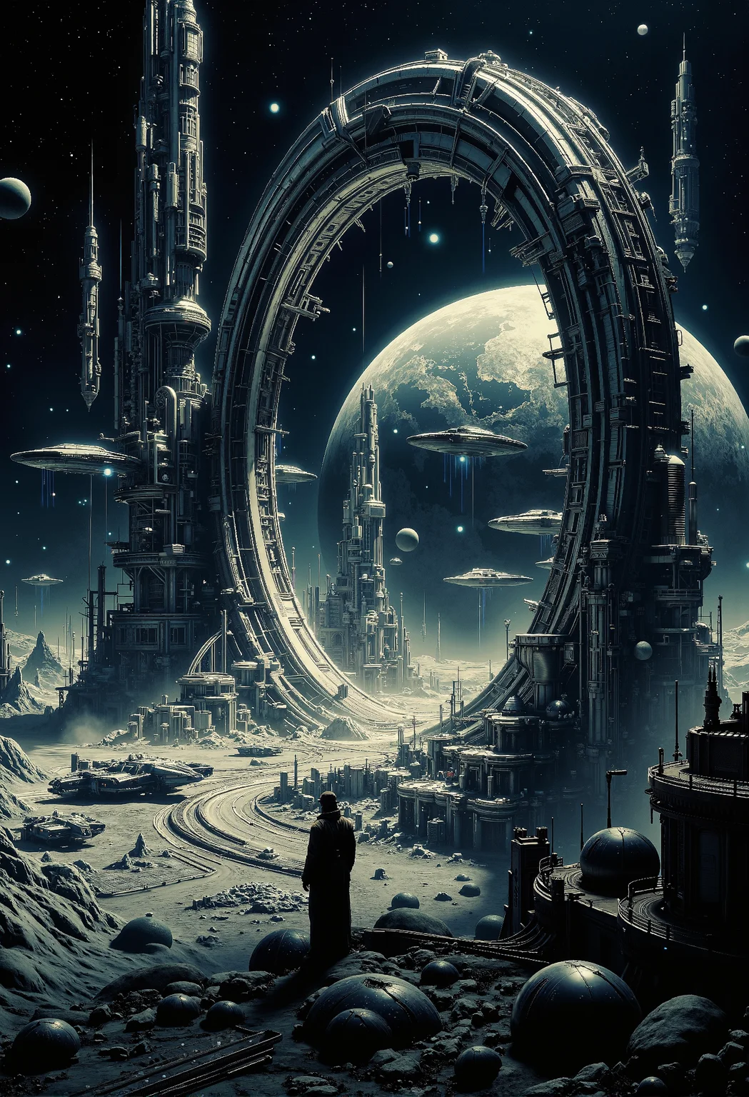A massive sci-fi Stargate towers over the barren landscape of a desolate moon, its colossal ring pulsating with energy as the shimmering event horizon swirls like liquid light. Surrounding the gate is an immense industrial complex, with towering structures and intricate machinery bathed in the cold glow of distant starlight. The moonâs surface is lifeless and cratered, casting long shadows under the eerie luminescence of a nearby gas giant. Sleek starships, ranging in size from nimble fighters to colossal freighters, glide steadily toward the gate, their engines leaving trails of blue ion light. As they breach the event horizon, the swirling portal ripples and sparkles, hinting at the mysterious worlds and galaxies that lie beyond. <lora:Dever_Flux_Enhancer.safetensors:0.5>, <lora:DarkCore-000003.safetensors:1.0>, <lora:ancient.safetensors:0.3>, <lora:The_Dark_Side_Of_The_Future.safetensors:0.53>, <lora:NotTheRealWorld-v55-000010.safetensors:0.3>, <lora:Sci-fi_env_flux.safetensors:0.3>,