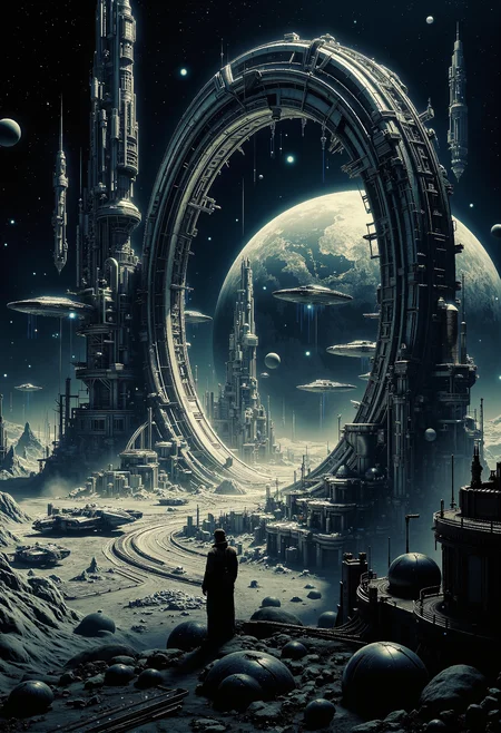 A massive sci-fi Stargate towers over the barren landscape of a desolate moon, its colossal ring pulsating with energy as the shimmering event horizon swirls like liquid light. Surrounding the gate is an immense industrial complex, with towering structures and intricate machinery bathed in the cold glow of distant starlight. The moonâs surface is lifeless and cratered, casting long shadows under the eerie luminescence of a nearby gas giant. Sleek starships, ranging in size from nimble fighters to colossal freighters, glide steadily toward the gate, their engines leaving trails of blue ion light. As they breach the event horizon, the swirling portal ripples and sparkles, hinting at the mysterious worlds and galaxies that lie beyond. <lora:Dever_Flux_Enhancer.safetensors:0.5>,  <lora:DarkCore-000003.safetensors:1.0>,  <lora:ancient.safetensors:0.3>,  <lora:The_Dark_Side_Of_The_Future.safetensors:0.53>,  <lora:NotTheRealWorld-v55-000010.safetensors:0.3>, <lora:Sci-fi_env_flux.safetensors:0.3>,