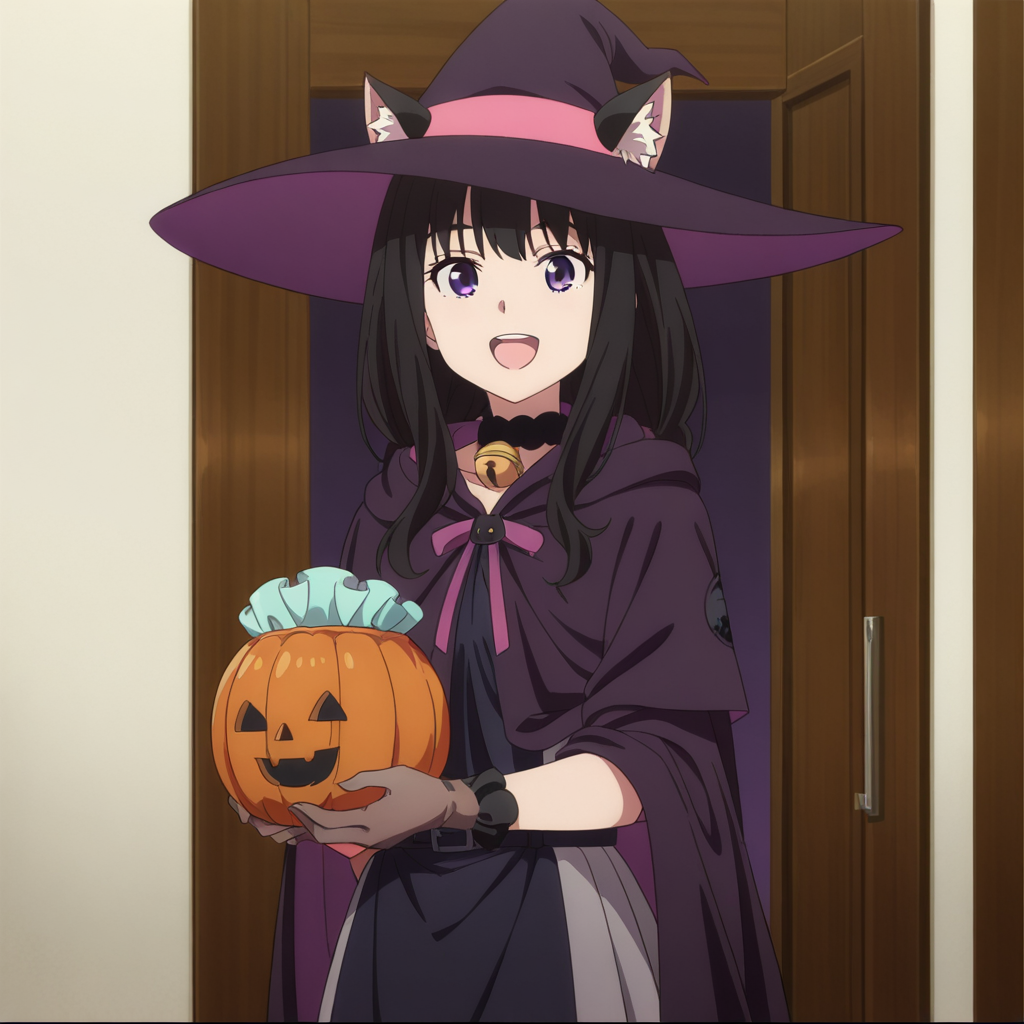 nsfw, masterpiece,best quality,amazing quality,1girl, solo, lycoris_recoil_takina_lnoue, black hair, hat, standing, witch hat, purple eyes, animal ears, long hair, neck bell, anime coloring, holding, cat ears, bangs, open mouth, halloween costume, bell, gloves, halloween, smile, looking at viewer, upper teeth only, teeth, :d, jingle bell, <lora:Takina_Inoue_-_Lycoris_Recoil:0.7>