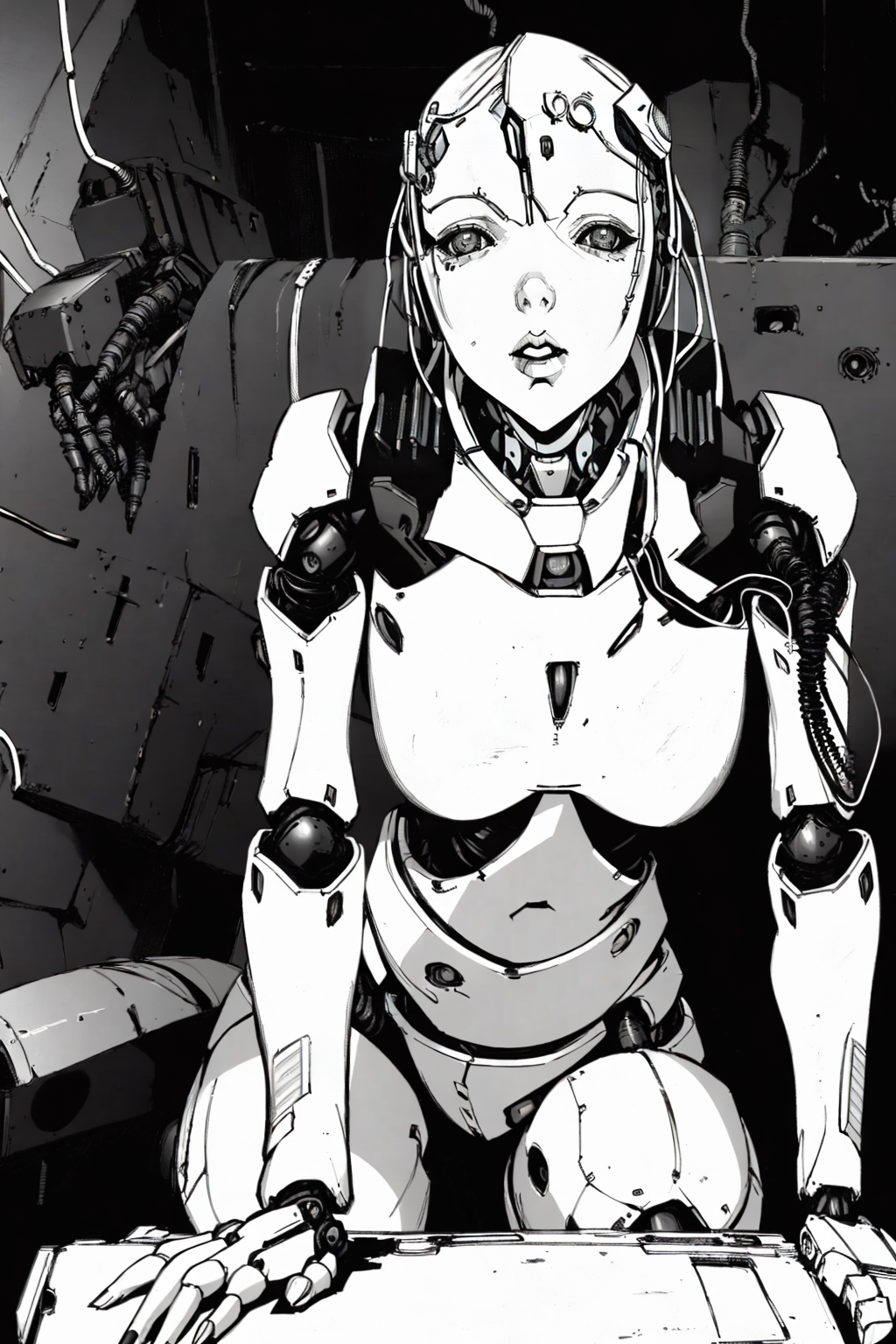 Best quality, ultra detailed 
A woman, cyborg, mech, wires
sitting, spreading legs 
<lora:animeoutlineV4_16:0.8> (lineart, monochrome:1.1)
<lora:blame5:1>