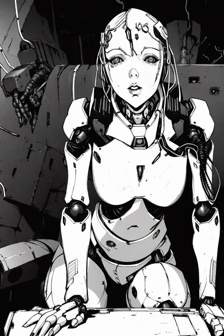 Best quality, ultra detailed 
A woman, cyborg, mech, wires
sitting, spreading legs 
<lora:animeoutlineV4_16:0.8> (lineart, monochrome:1.1)
<lora:blame5:1>